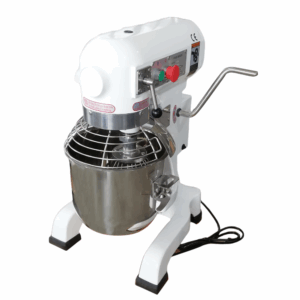 The 20 LITRE PLANETARY MIXER features a stainless steel mixing bowl, metal safety guard, control buttons, and power cord, presented against a white background. MRCE