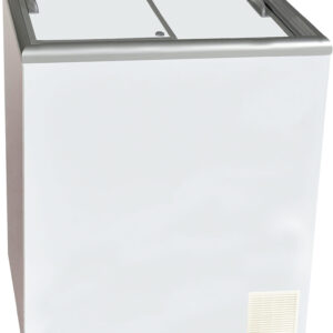 The ICS PACIFIC Freezers Nova 2 SSL is a white chest freezer with a sliding glass top and metal handles, ideal for Melbourne Catering Equipment needs. It features a front vent and is shown empty against a plain background. MRCE