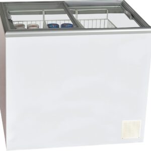 The ICS PACIFIC Freezers Nova 3 GSL is a white commercial chest freezer with sliding glass doors, shown partially open with food containers inside. Ideal for restaurant equipment needs, it features a lower right vent for efficient cooling. MRCE
