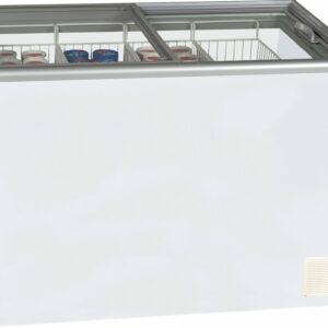 The ICS PACIFIC Freezers Nova 4 GSL is a plain white commercial chest freezer with sliding glass top doors and a front vent, ideal for Melbourne Catering Equipment. It stores multiple tubs of ice cream in wire baskets inside. MRCE