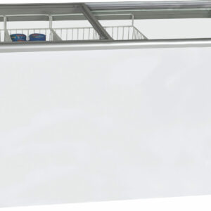 The ICS PACIFIC Freezers Nova 6 GSL, a commercial chest freezer with sliding glass doors and partially filled containers, is displayed against a plain white background—perfect for businesses expanding their Melbourne catering equipment range. MRCE