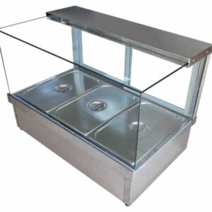 The WET HOT FOOD DISPLAY 1705MM CRB-10 features a stainless steel build, glass front and top, and three lidded trays—ideal for serving hot food and available from Melbourne Catering Equipment. MRCE