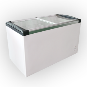 The GLASS TOP CHEST FREEZER 520P SD-520P is a white commercial freezer with sliding glass doors and black handles, perfect for anyone seeking to buy or upgrade restaurant and commercial catering equipment. MRCE