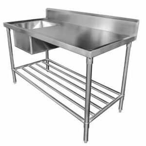 The SINK BENCH WITH SPLASHBACK W1800 X D600 X H900 SS1618L is a stainless steel commercial kitchen sink ideal for Melbourne Catering Equipment, featuring a single left basin, large flat workspace, backsplash, and open lower shelf with metal bars. MRCE