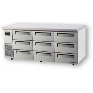The Turbo Air KUR18-3D-9-N(HC) Under Counter Drawer Fridge is a stainless steel commercial refrigerator with eight pull-out drawers and a left-side control panel, ideal for professional kitchens. MRCE