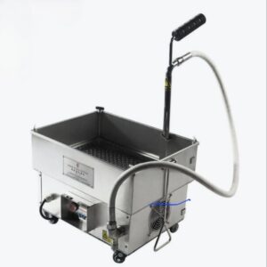 The ELECTRONIC OIL FILTER MACHINE 20 LITRE is a portable stainless steel unit with hose, nozzle, lower control panel, wheels for easy mobility, and an internal grated tray—perfect for cleaning automotive or mechanical parts in Melbourne Catering Equipment. MRCE