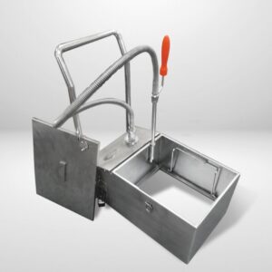 The ACE FRYRITE OIL FILTRATION MACHINE is a stainless steel rectangular device with an open compartment, flexible hose, metal handle, side panel, and orange-grip lever—ideal for commercial catering—shown on a plain white background. MRCE
