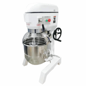 A commercial stand mixer with a stainless steel mixing bowl and protective wire guard, featuring control buttons and a side crank handle, is shown against a white background. MRCE