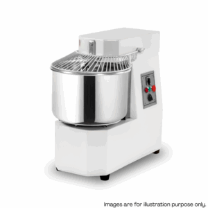 A white and stainless steel commercial dough mixer with a metal bowl and protective wire guard, featuring control buttons on the side panel, shown on a white background. Text at the bottom reads: Images are for illustration purpose only. MRCE