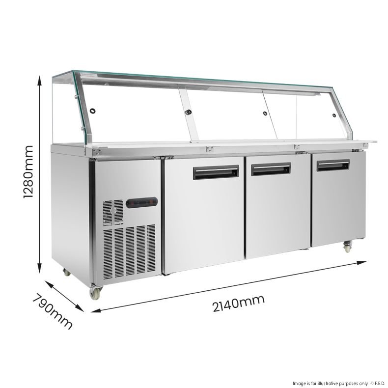 Stainless steel commercial refrigerated prep counter with three doors, a glass sneeze guard, and caster wheels. Dimensions shown are 2140mm wide, 790mm deep, and 1280mm high. MRCE