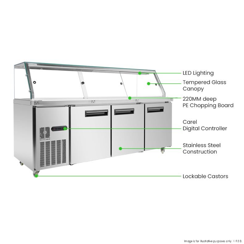 A commercial stainless steel prep counter with three compartments, a tempered glass canopy, LED lighting, a 220mm deep chopping board, digital controller, and lockable castors, labeled for each feature. MRCE