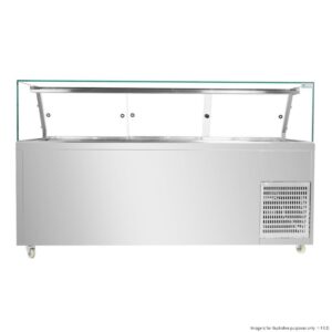 A stainless steel commercial refrigerated display counter with a glass sneeze guard, ventilation grate, and wheels, typically used for showcasing food in restaurants or cafeterias. MRCE